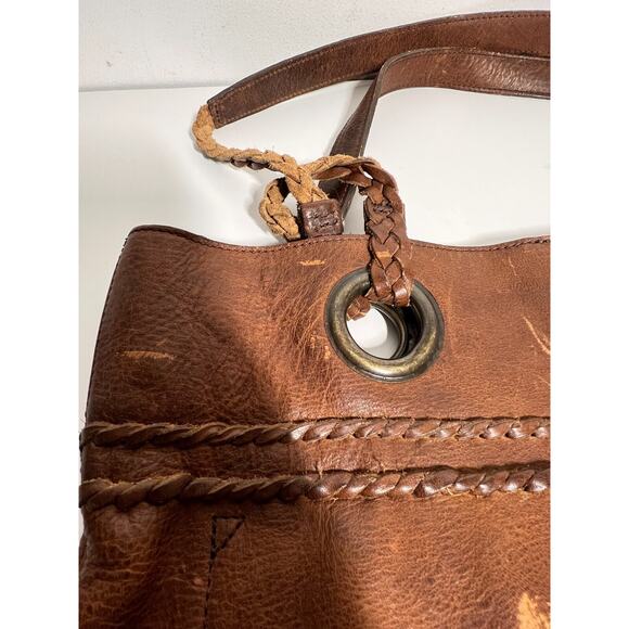 Buffalo Jackson Brown Distressed Weathered Leather Braided Strap Tote Bag Purse - Picture 4 of 7